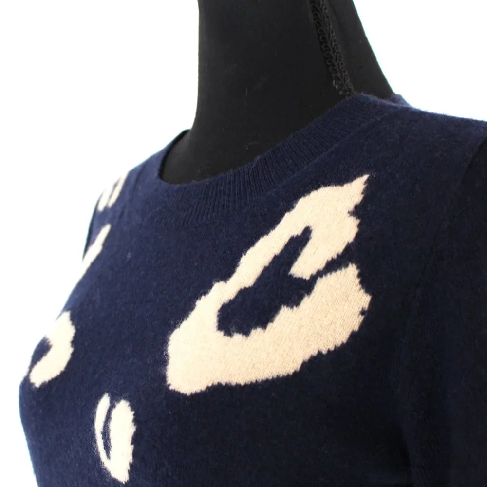 J. Crew Cashmere Everyday Navy Tan Leopard Print Crewneck Sweater XS Pullover
